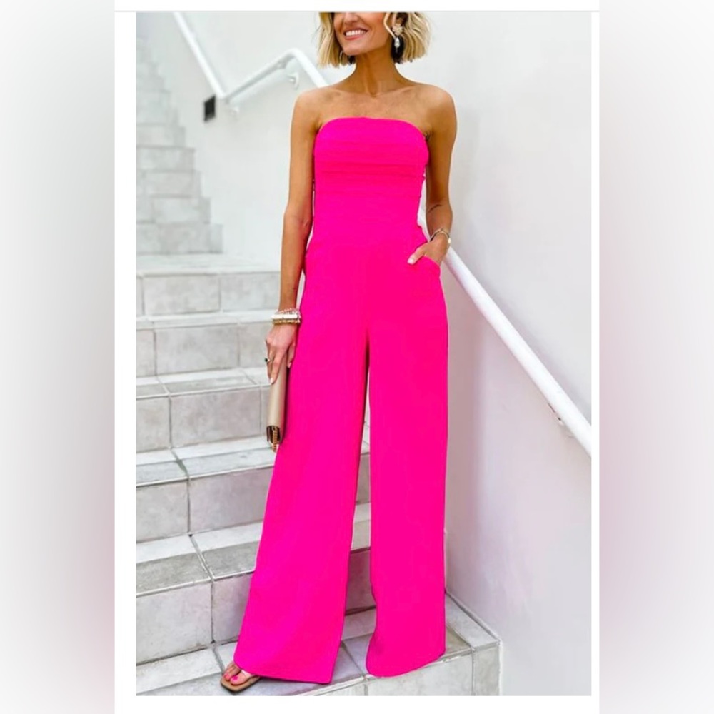 Hot pink strapless jumpsuit
